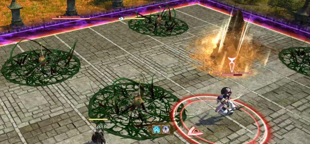 Yozakura utilise son Nubuki pour tenter d'emprisonner le joueur dans des ronces, couplé à Bouquet de racines pour tenter de l'empaler sur des pics de terre. 