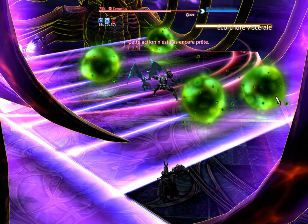 L'Écorchure viscérale de Zeromus ne laisse que 2 petites zones safes, alors que les boules de Bactéries du néant avancent lentement vers le joueur.